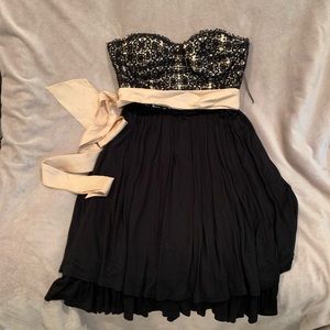 Strapless black & cream dress with silk tie belt